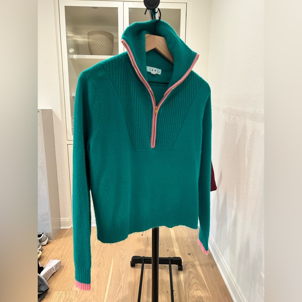 THML Green & Pink Cowl Neck Quarter Zip Sweater